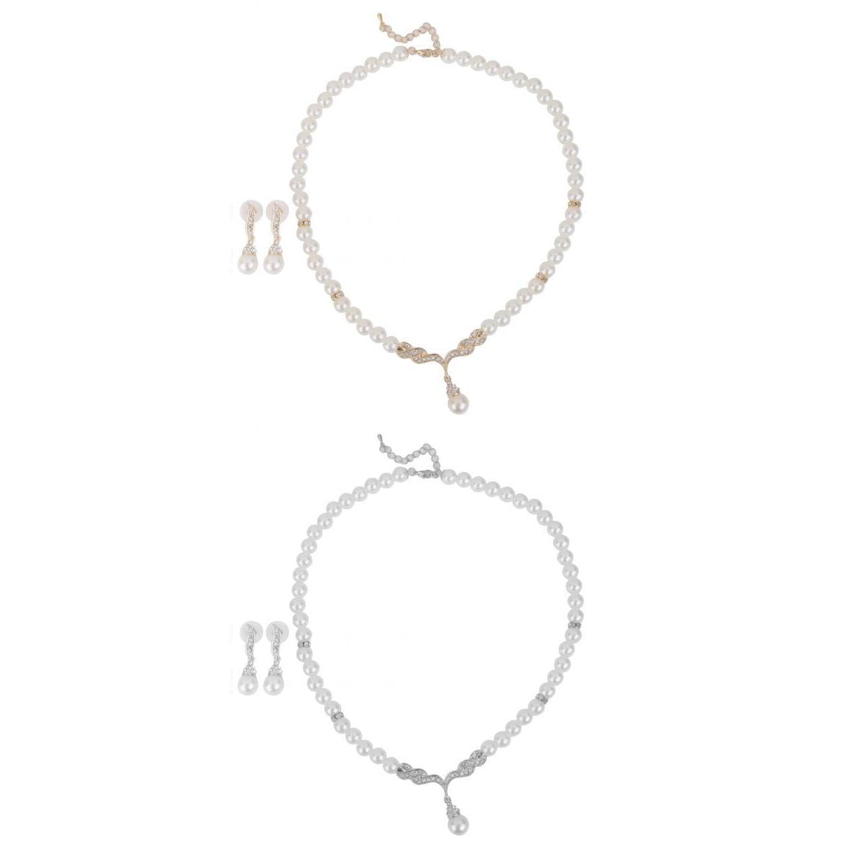 2 Sets Bridal Women Necklace Pearl Crystal Jewelry Set Wedding Earrings Gift