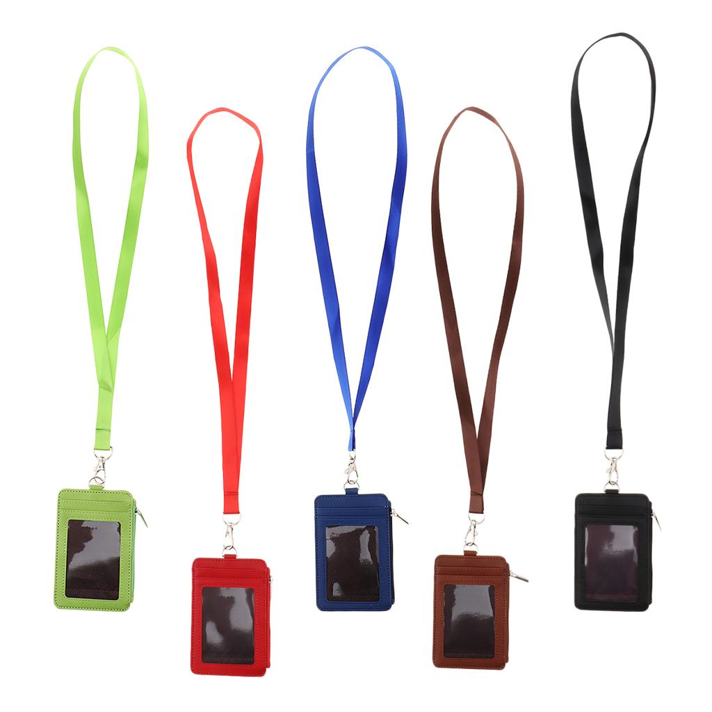 5Pack 2 Sided PU Leather Card Badge Holder with Zip Neck Strap Wallet Case