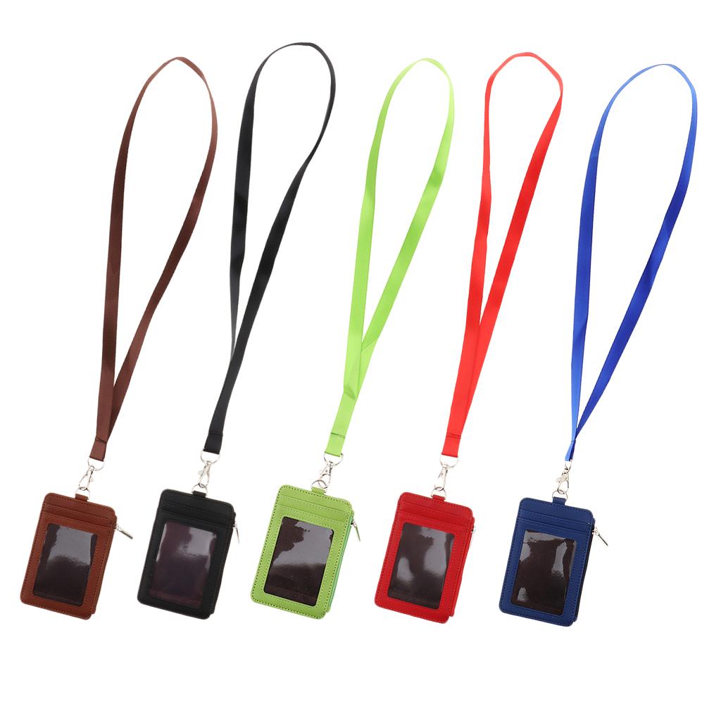 5Pack 2 Sided PU Leather Card Badge Holder with Zip Neck Strap Wallet Case