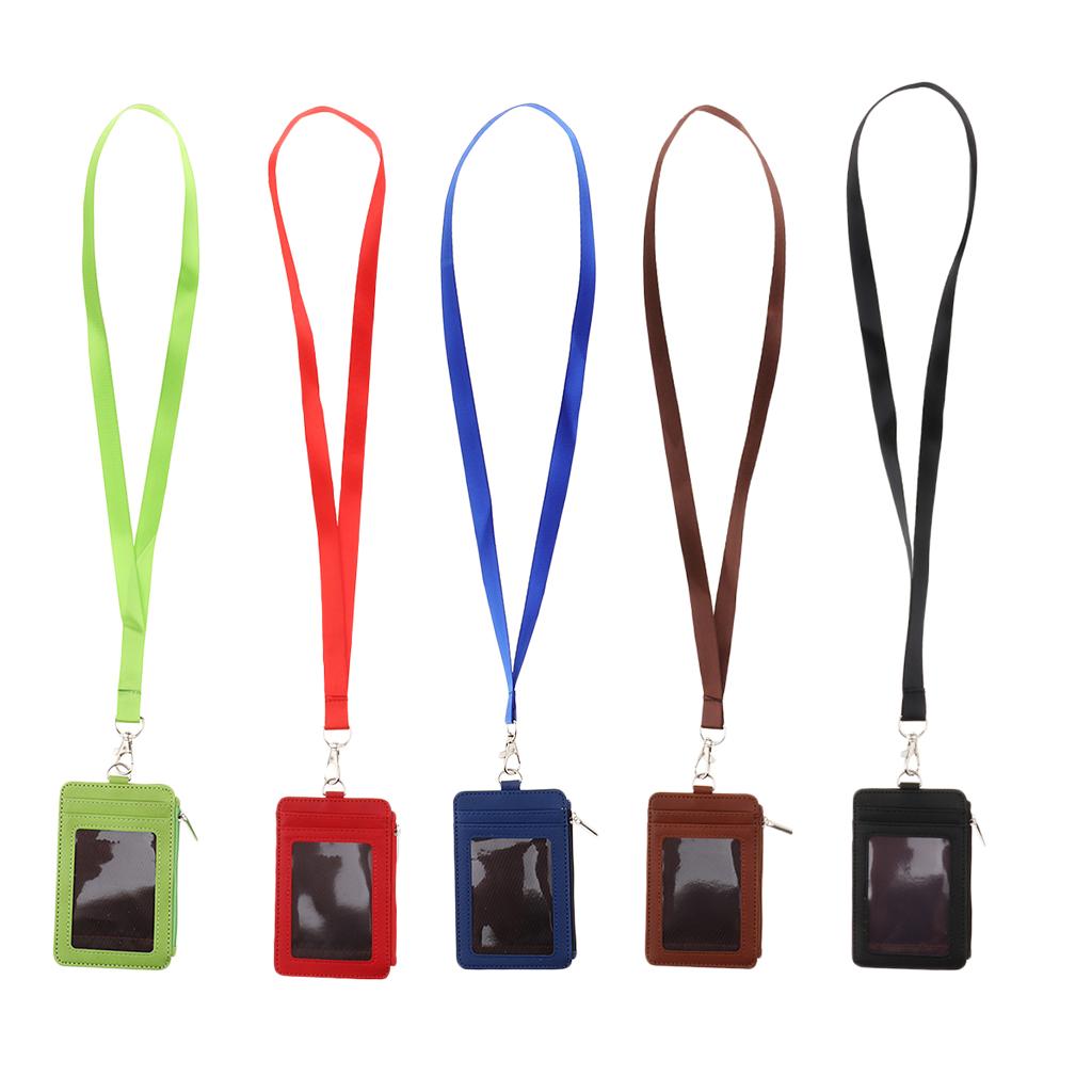 5Pack 2 Sided PU Leather Card Badge Holder with Zip Neck Strap Wallet Case