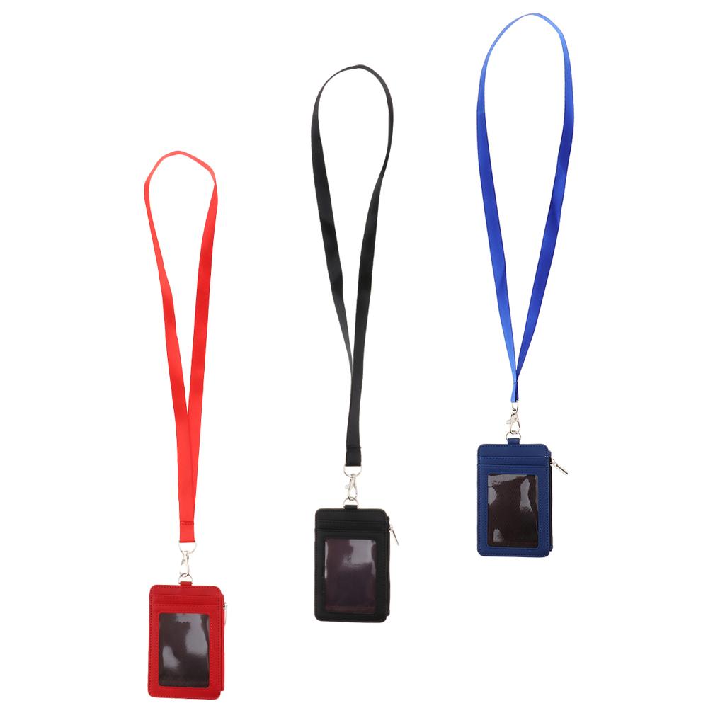 3Pack 2 Sided PU Leather Card Badge Holder with Zip Neck Strap Wallet Case