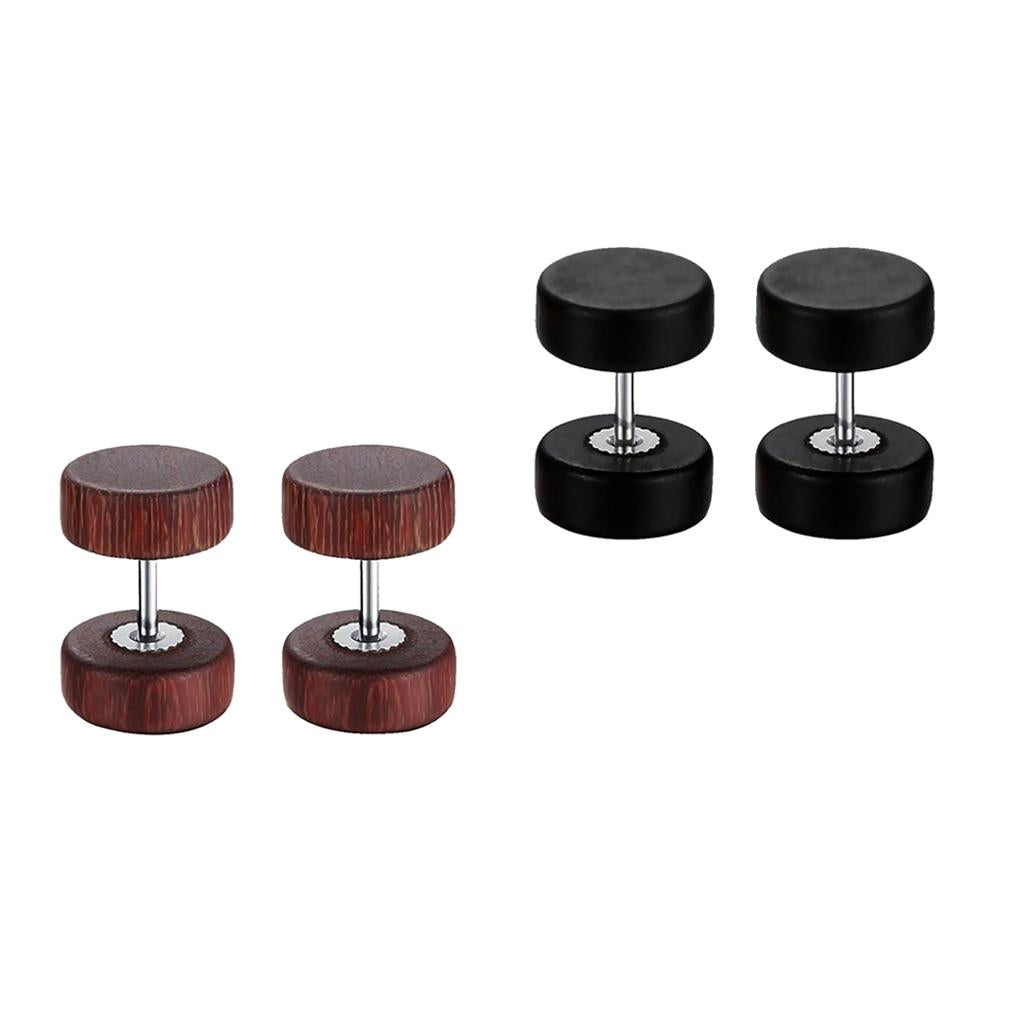 2 Pair Men Women Wooden Button Stainless Steel Screw Back Stud Earrings 10mm