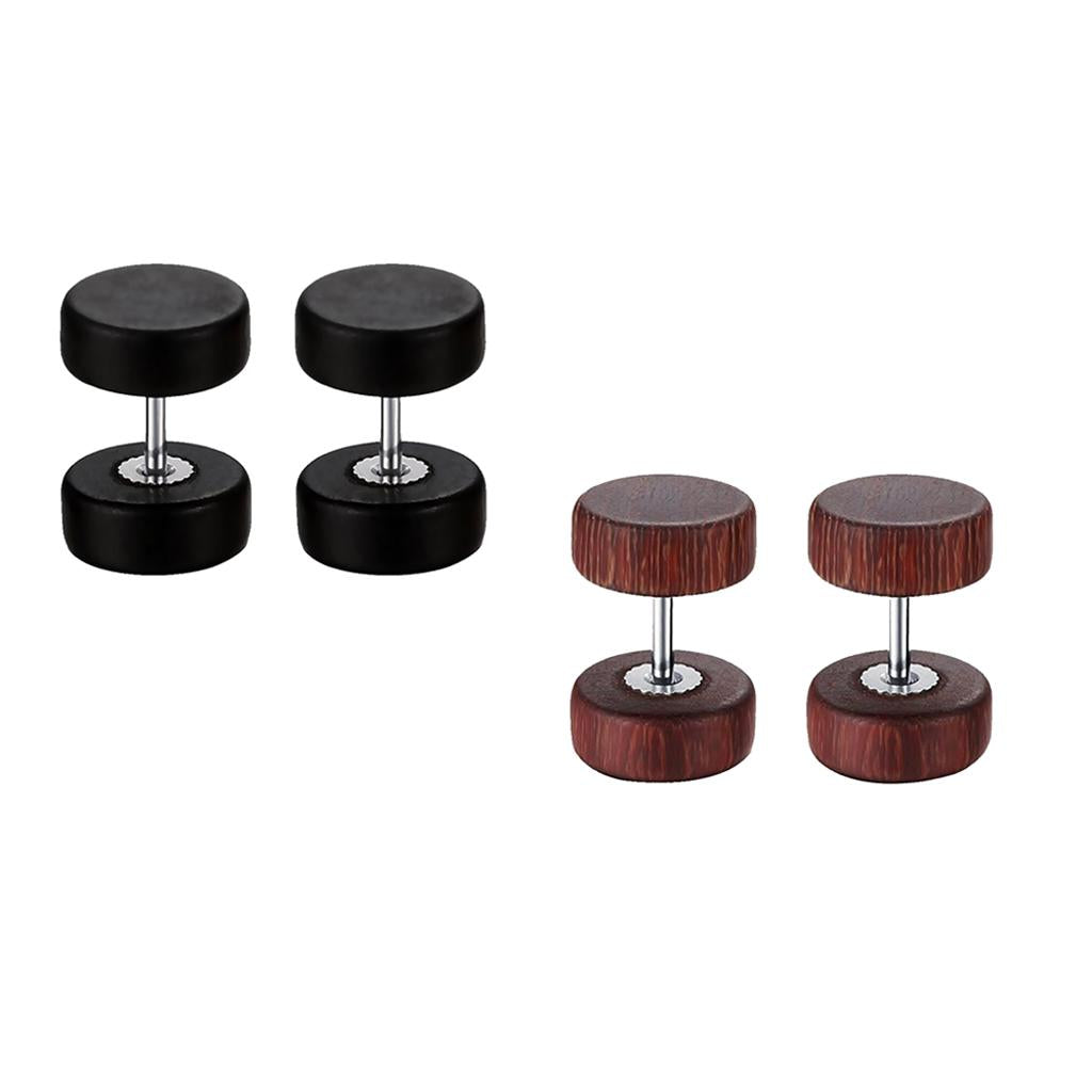 2 Pair Men Women Wooden Button Stainless Steel Screw Back Stud Earrings 10mm