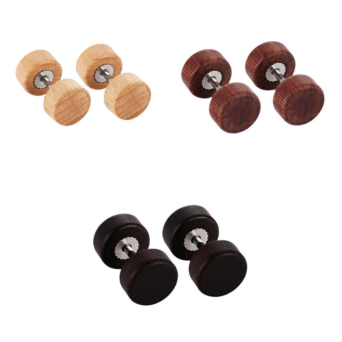 3 Pairs Mens Wood Cheater Fake Ear Plugs Gauges Illusion Screw Stud Earrings