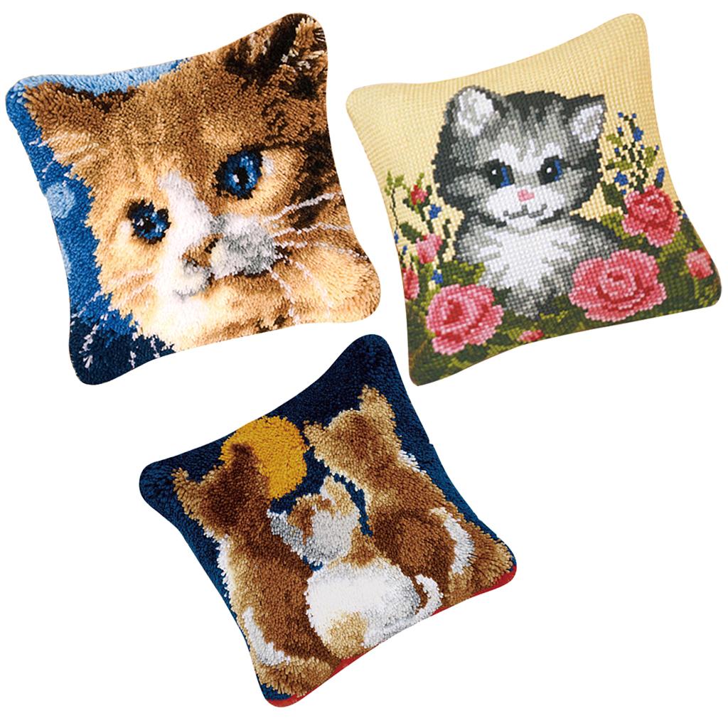 3 Set Pillows Latch Hook Kits Material Package for Beginners Cat Pattern