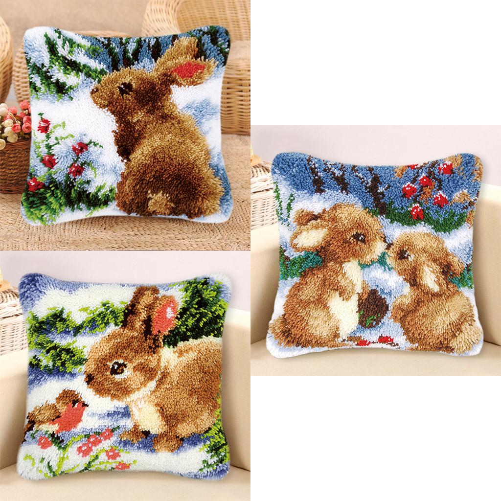 3 Set Latch Hook Kits for DIY Pillow Cover Sofa Cushion Cover Rabbit Pattern