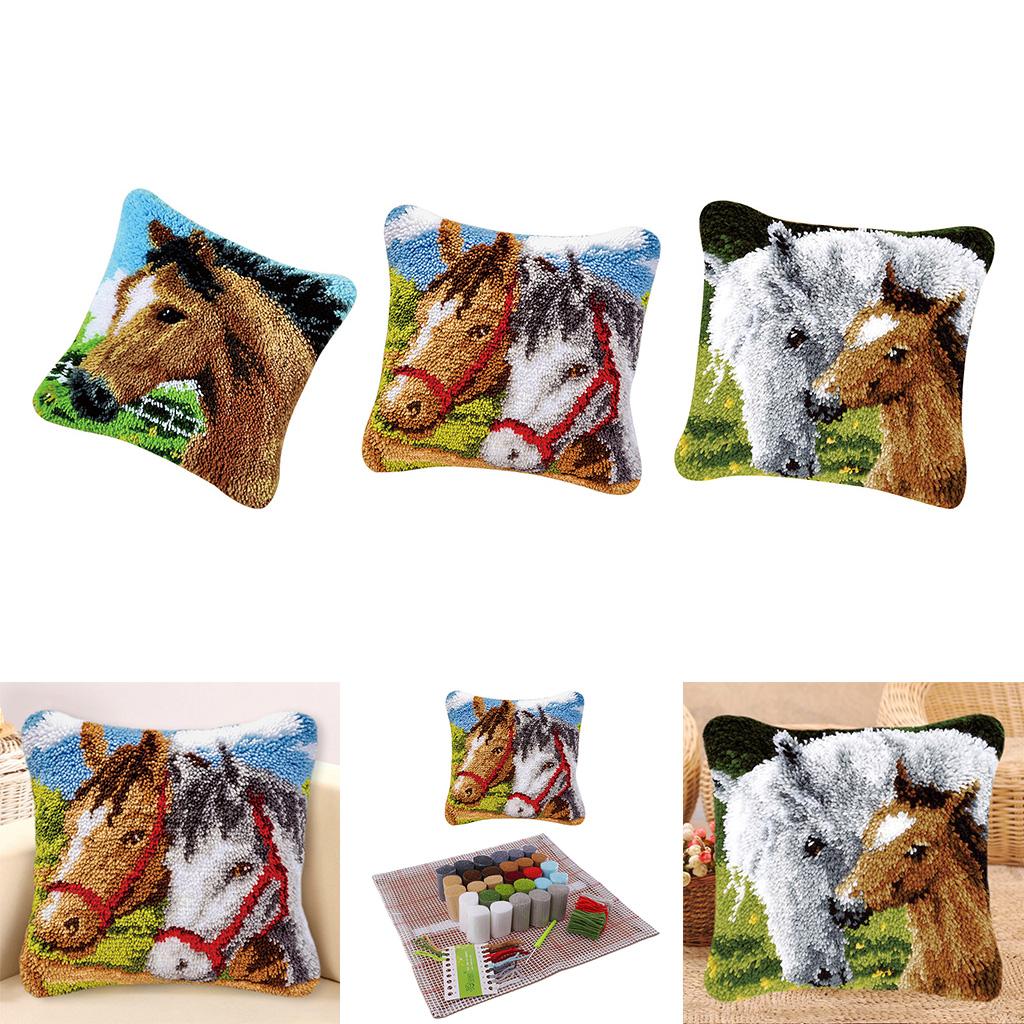 3 Set Latch Hook Kits for DIY Pillow Cover Sofa Cushion Cover 43x43cm Horse