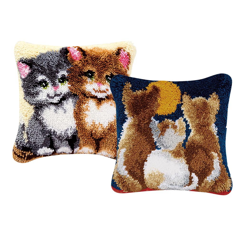 2 Set Pillows Cover Case Latch Hook Kits Material Package for Beginners Cat