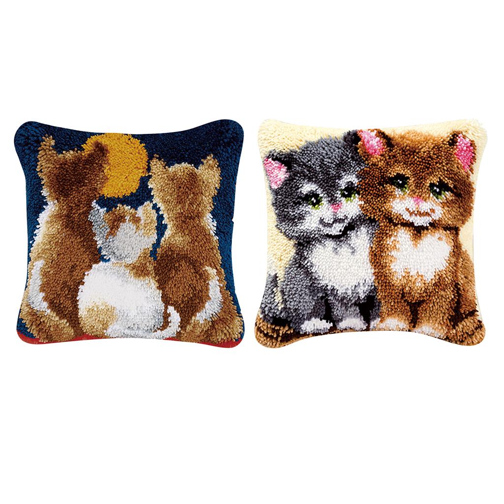 2 Set Pillows Cover Case Latch Hook Kits Material Package for Beginners Cat