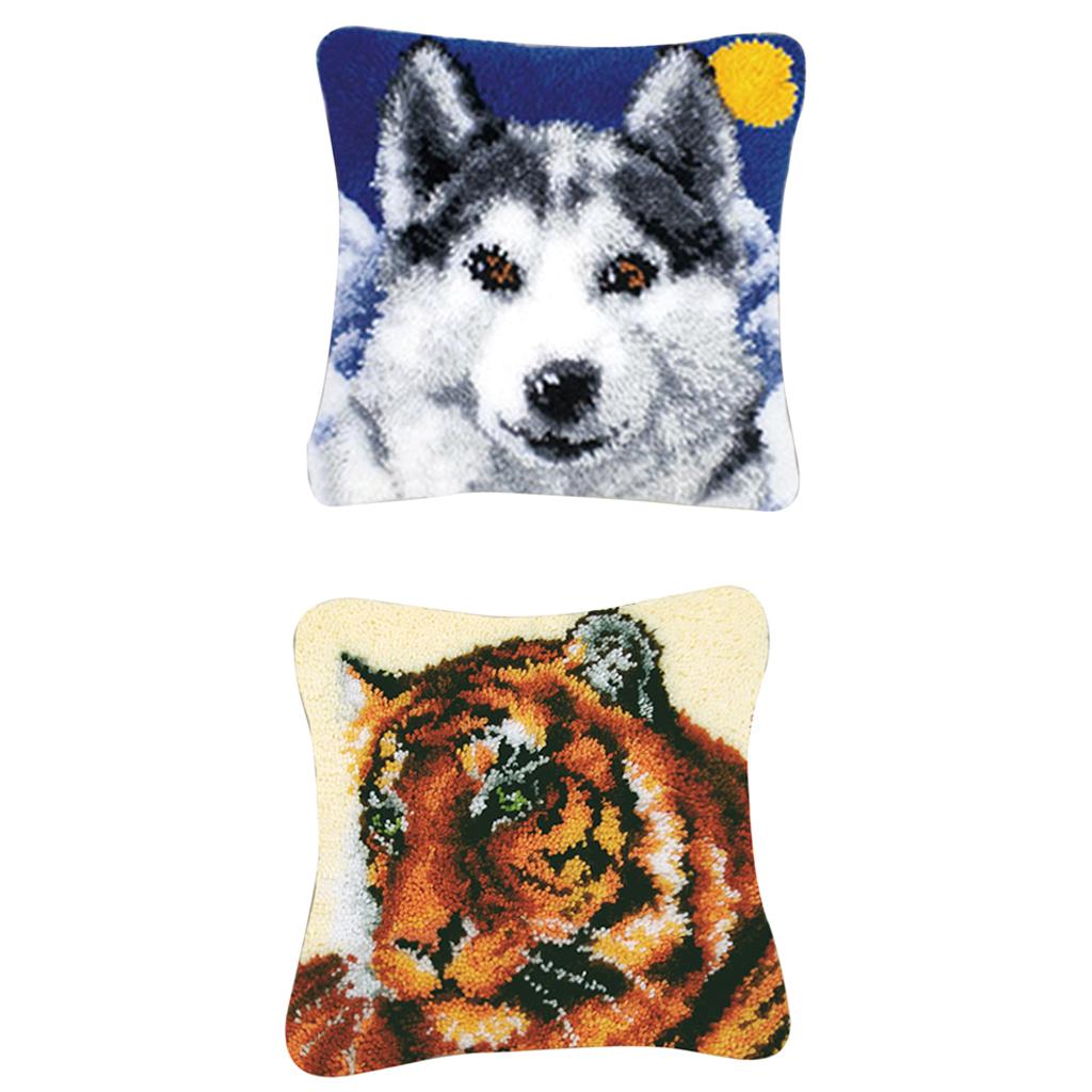 2 Set DIY Pillow Cover Latch Hook Kits Animal Pattern 43x43cm Wolf & Tiger