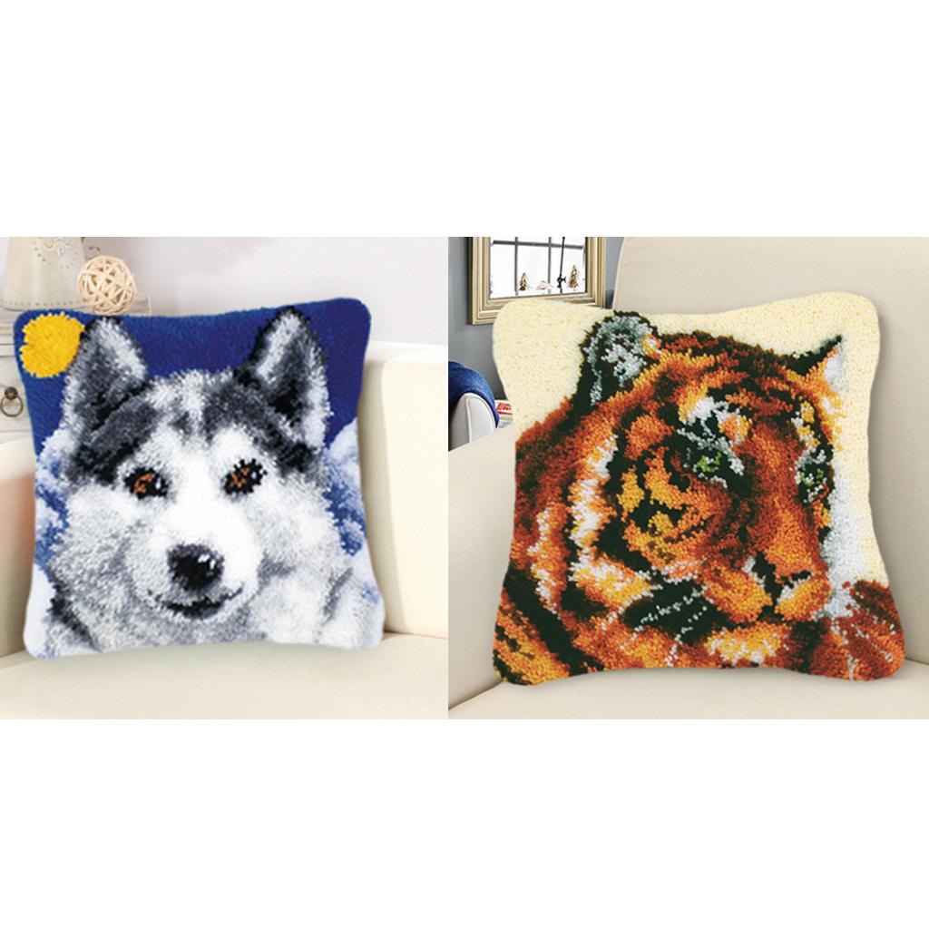 2 Set DIY Pillow Cover Latch Hook Kits Animal Pattern 43x43cm Wolf & Tiger