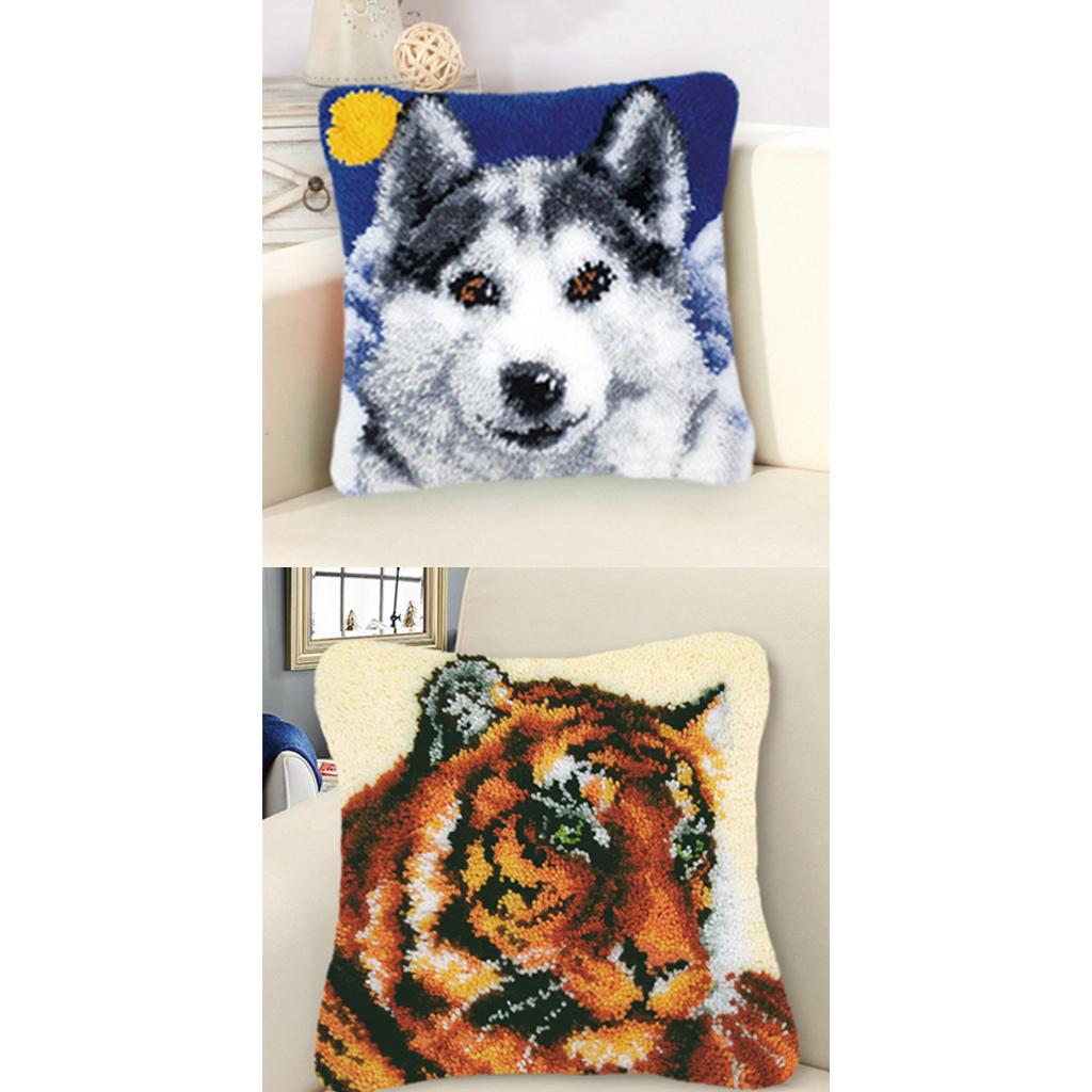 2 Set DIY Pillow Cover Latch Hook Kits Animal Pattern 43x43cm Wolf & Tiger