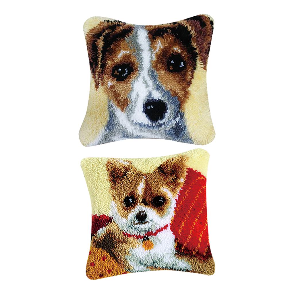 2 Set DIY Pillow Cover Latch Hook Kits for Beginner Animals Pattern Dog