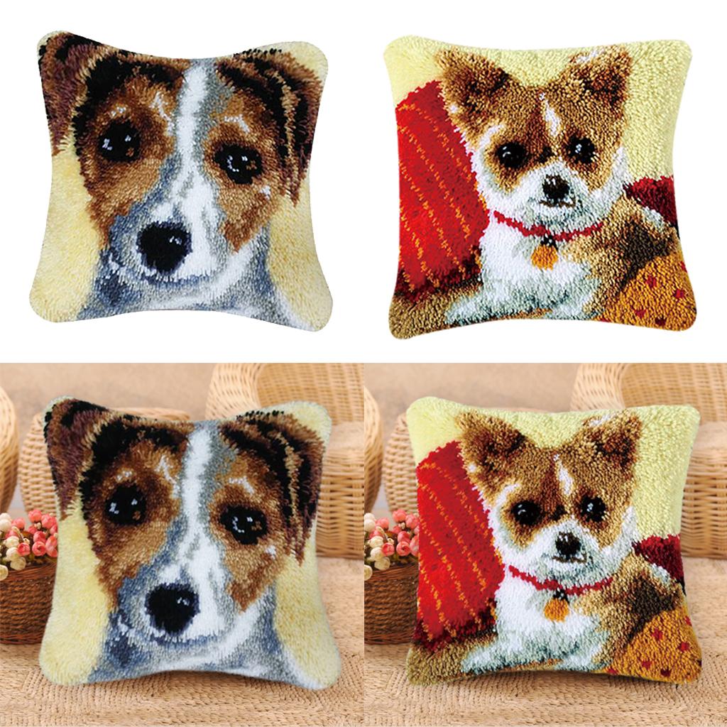 2 Set DIY Pillow Cover Latch Hook Kits for Beginner Animals Pattern Dog