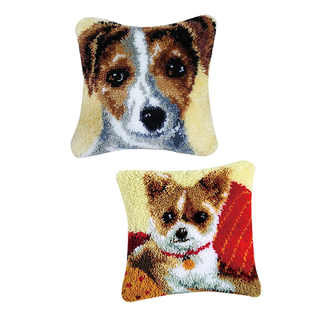 2 Set DIY Pillow Cover Latch Hook Kits for Beginner Animals Pattern Dog