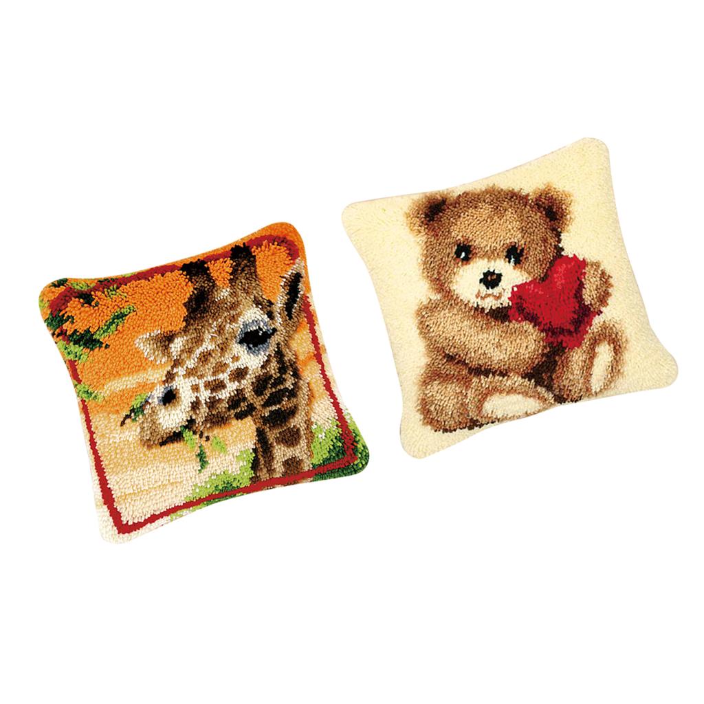 2 Set DIY Pillows Cover Latch Hook Kits for Beginners Giraffe & Bear Pattern