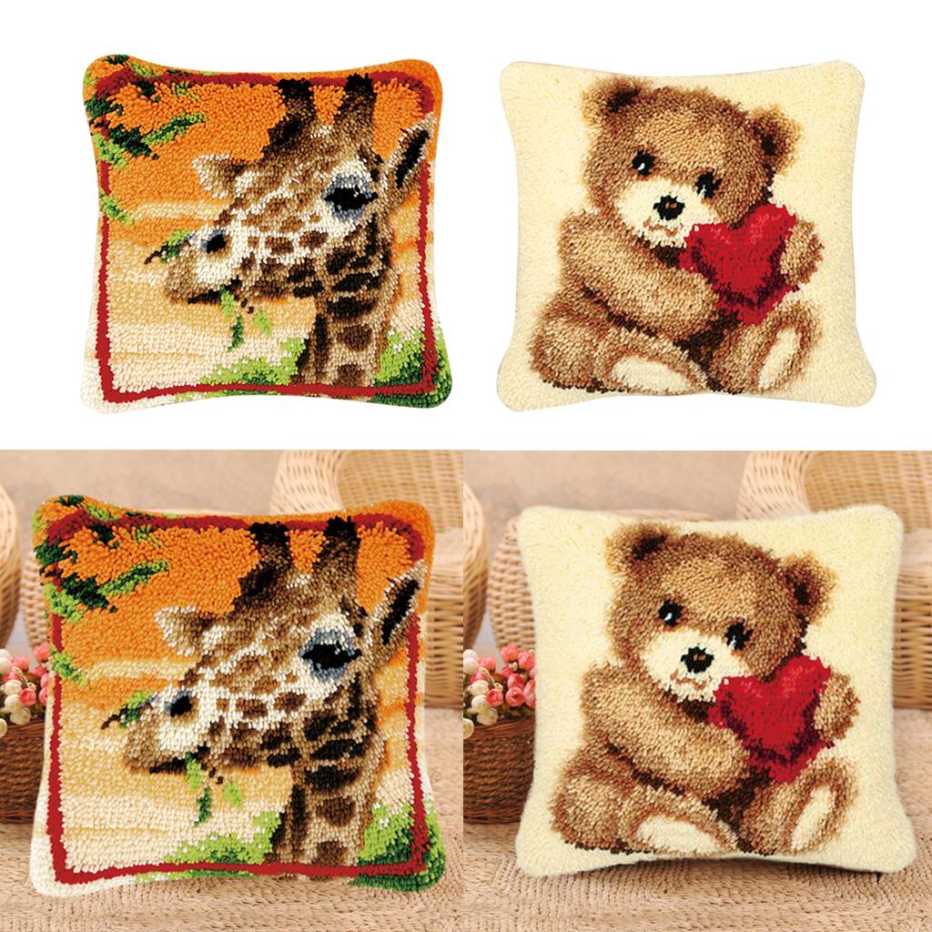 2 Set DIY Pillows Cover Latch Hook Kits for Beginners Giraffe & Bear Pattern