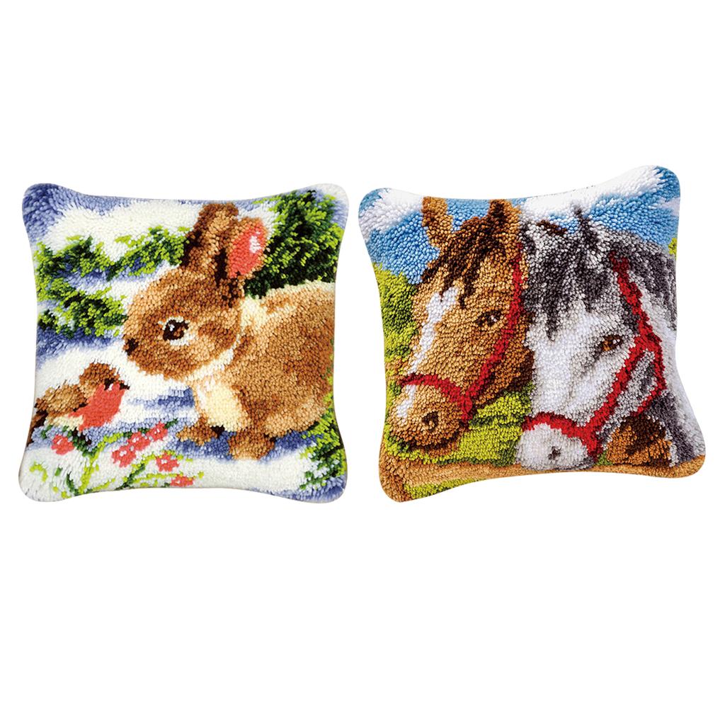 2 Sets Rabbit Horse Latch Hook Kits for DIY Pillow Cover Sofa Cushion Cover