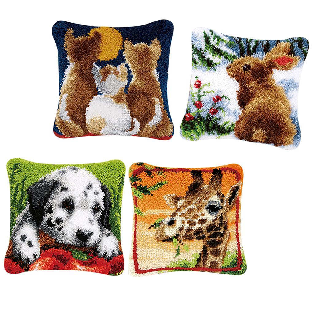 4 Sets DIY Pillow Cover Latch Hook Kits for Adult Embroidery Animals Pattern