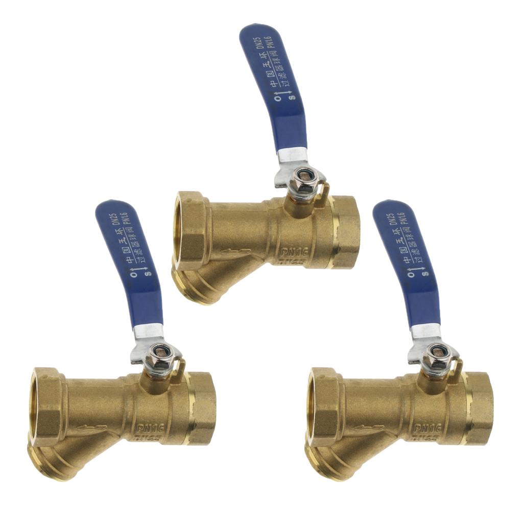 3Pcs 1 Brass Ball Valve Shut Off Female Thread with Filter Strainer DN25"