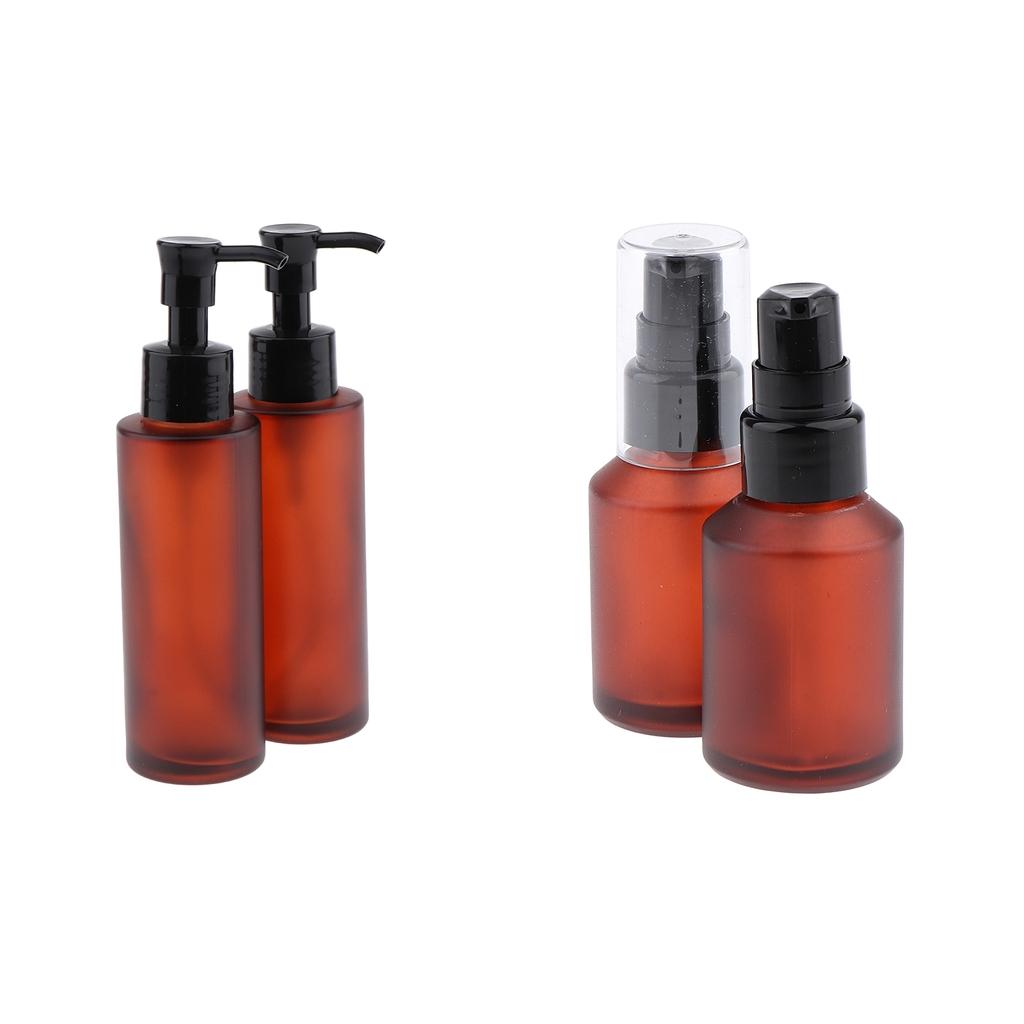 4pcs Empty Glass Pump Bottles Refillable Emulsion Lotions Bottle 30ml 100ml
