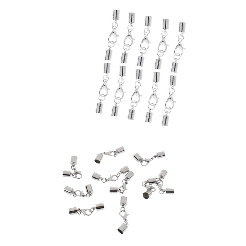 20 Pieces Silver Leather Cord End Caps with Lobster Clasp Jewelry Findings
