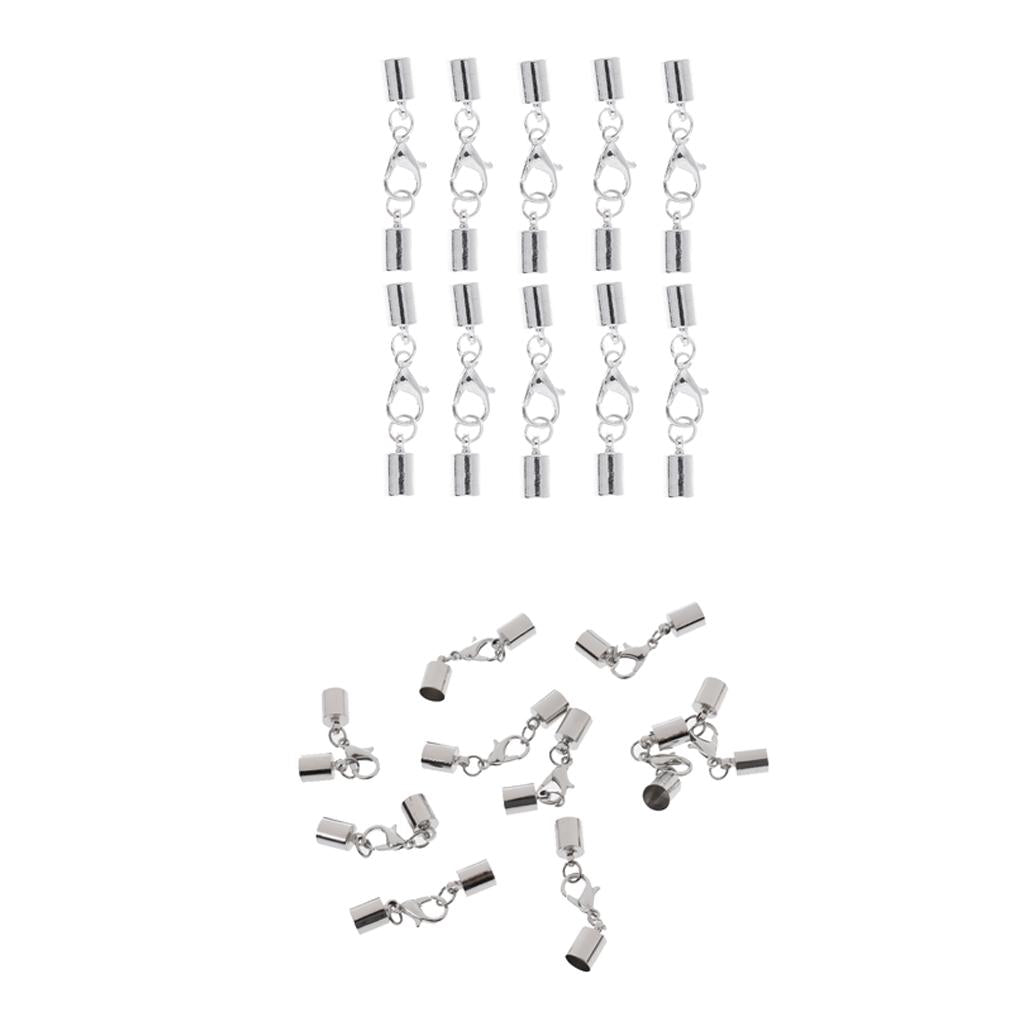 20 Pieces Silver Leather Cord End Caps with Lobster Clasp Jewelry Findings