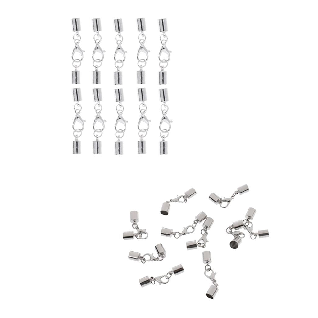 20 Pieces Silver Leather Cord End Caps with Lobster Clasp Jewelry Findings