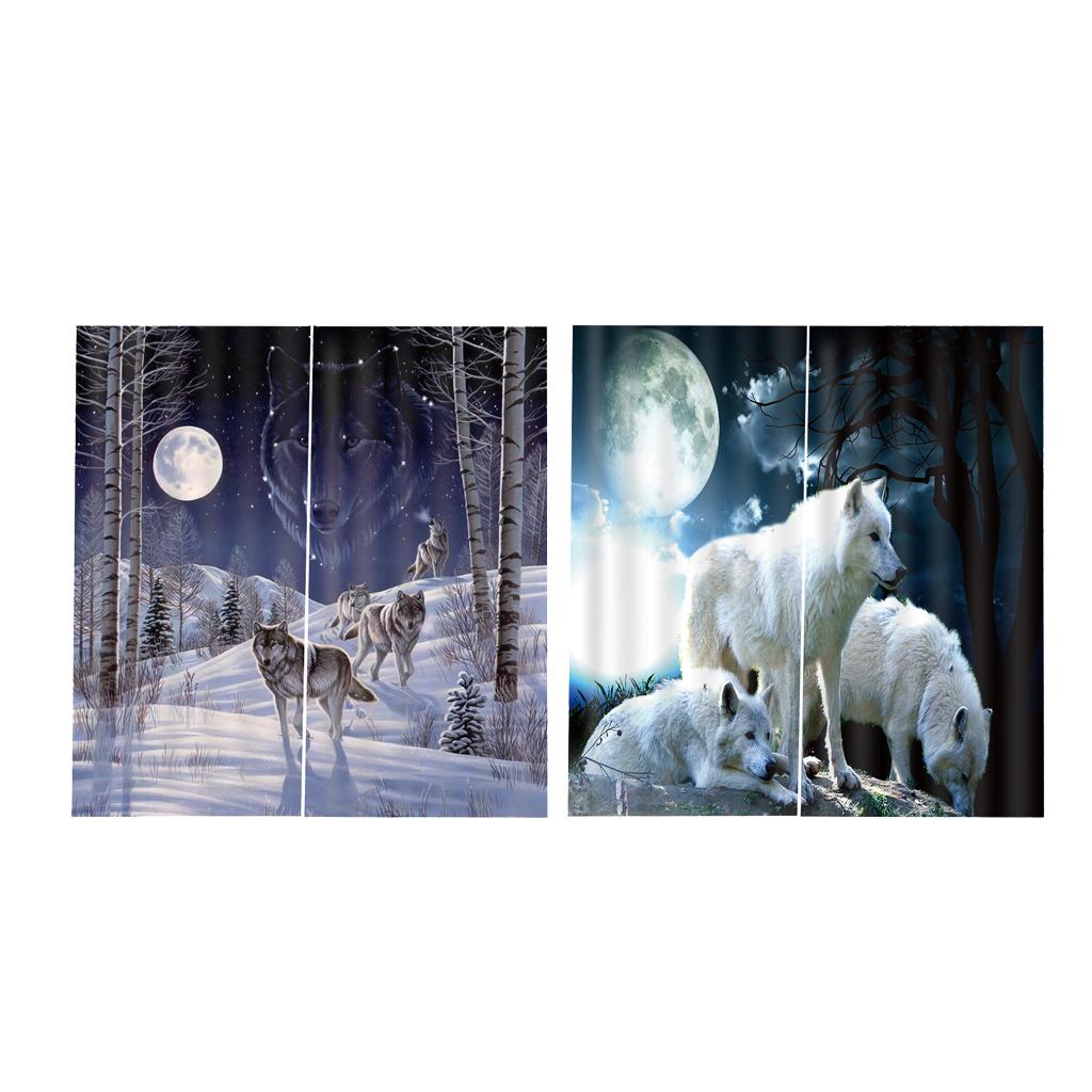 2 Set Moon Wolf ~Teen Animal Decor 3D Print Window Curtain Drapes