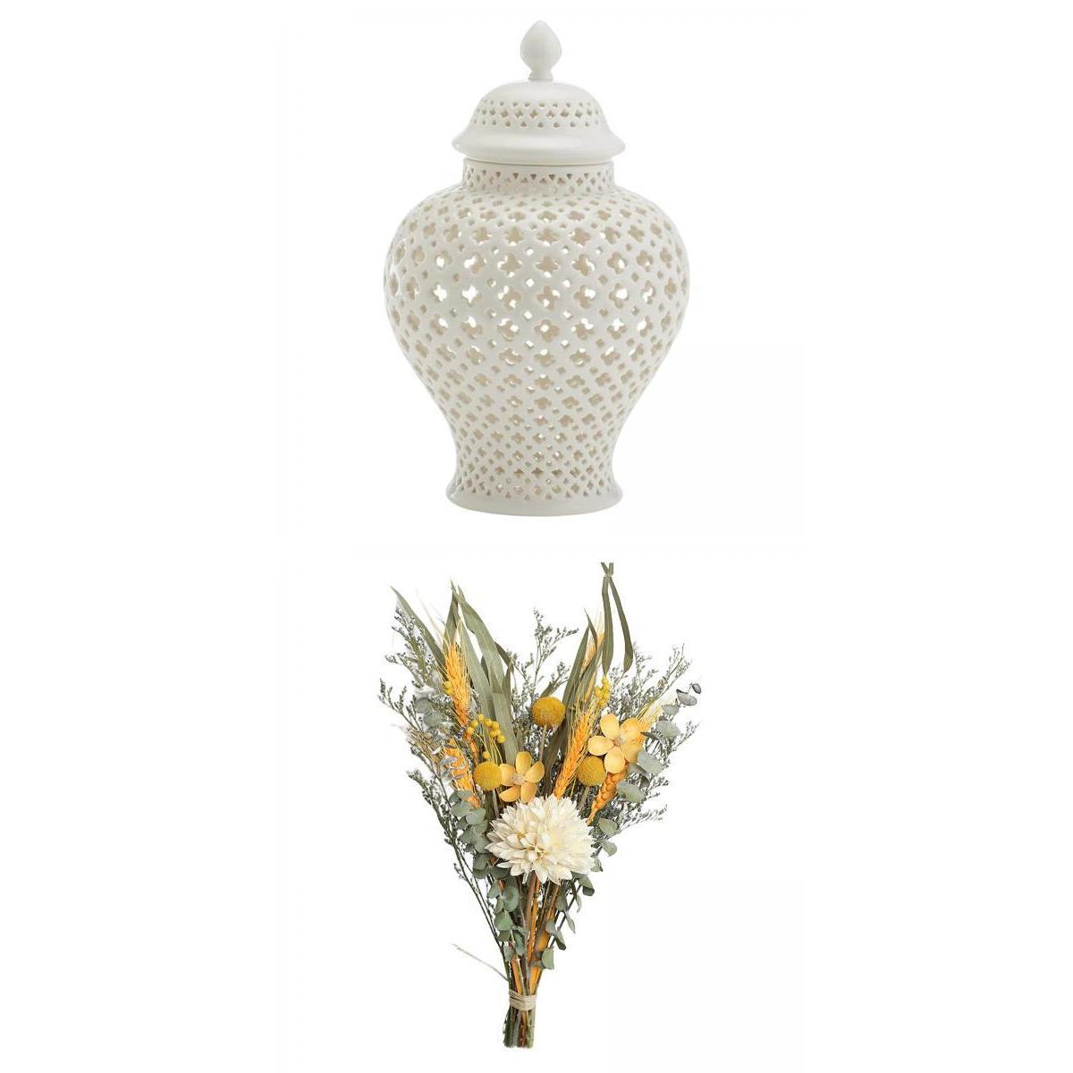 Ceramic Ginger Jar Temple Jar Home Decor with Dried Flower