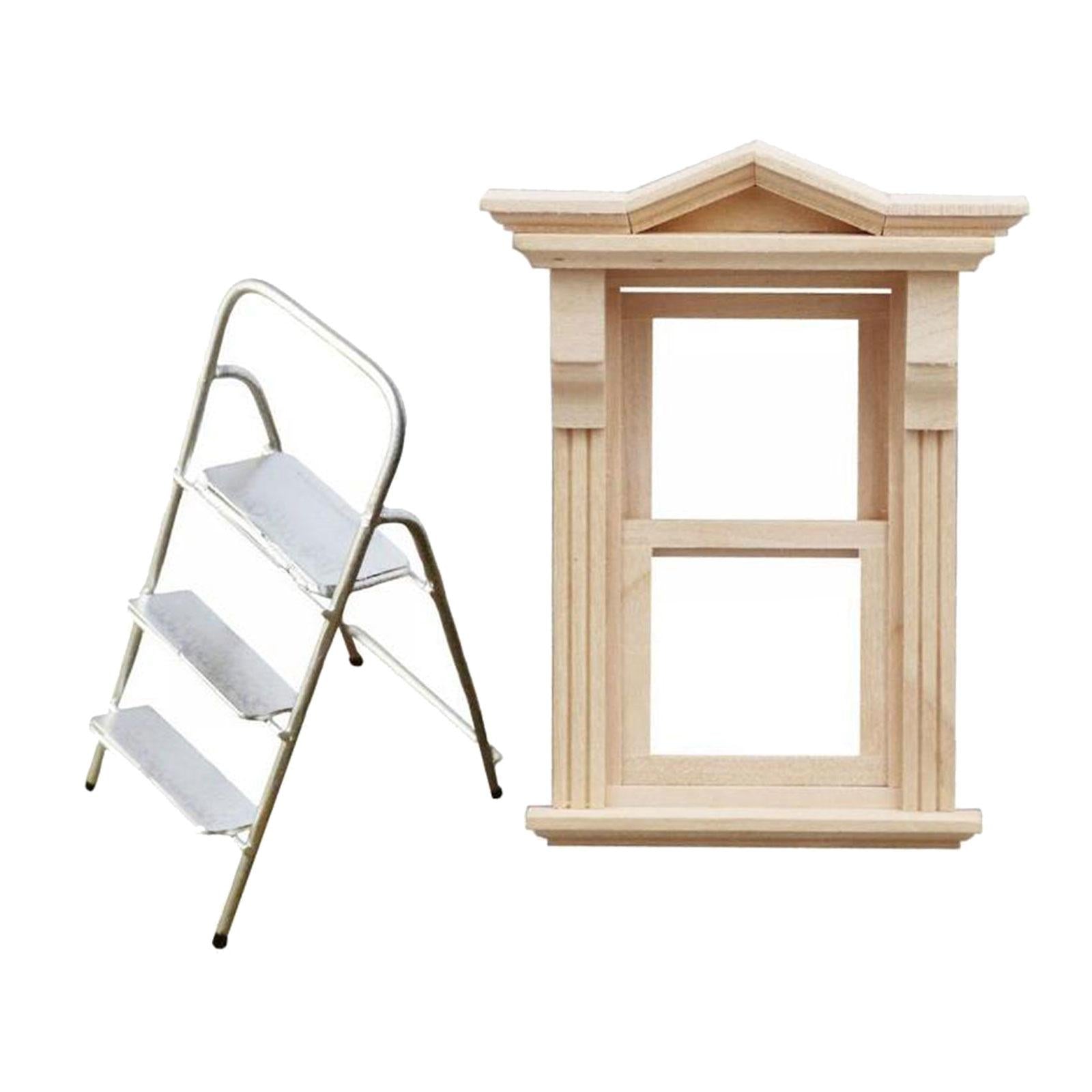 1: 12 Wooden Window Ladder Retro Dollhouse Furniture for Miniature Scene