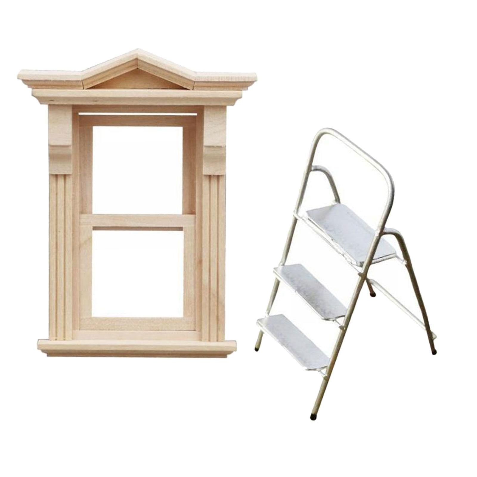 1: 12 Wooden Window Ladder Retro Dollhouse Furniture for Miniature Scene