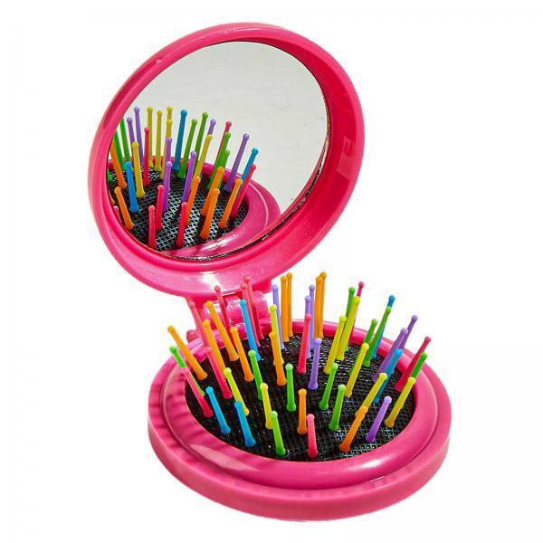 2xComb with Mirror Round Small Mirror Comb Round Travel Hair Brush with Mirror Pink