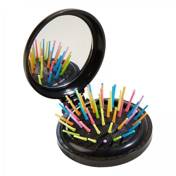 4xComb with Mirror Round Small Mirror Comb Round Travel Hair Brush with Mirror Black
