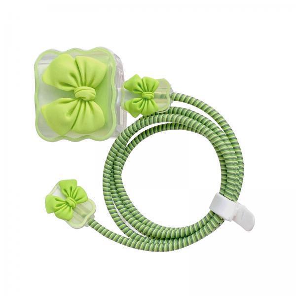 3xChargers Cable Protective Cover 4in1 3D Protective Case for Cell Phone Phone Bow Knot Green