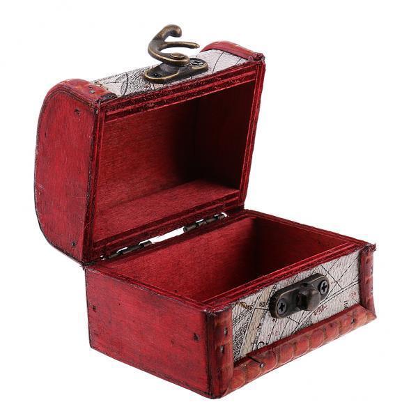 2xVintage Small Jewelry Storage Box Wood Case Candy Bin Treasure Chest w/ Lock
