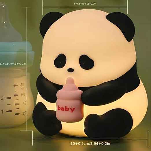 Panda LED Night Light with glasses and bottle design—soft silicone, rechargeable, and portable for kids’ rooms, nurseries, or baby shower gifts.