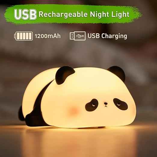 Kids’ Sleeping Panda Touch Night Lamp with soft silicone, rechargeable LED—perfect for bedrooms, romantic décor, or Valentine’s gifts.