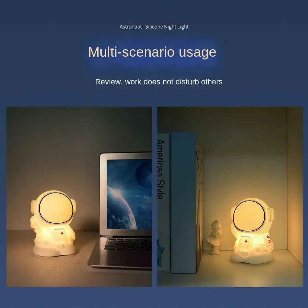 Silicone Astronaut Bedside Lamp with rechargeable battery, RGB color-changing light, touch control, and 8 modes—great for kids’ rooms, nurseries, and gifting.