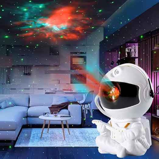 360° Rotating Astronaut Star Projector with remote control, timer, and adjustable LED head—perfect for bedrooms, home décor, and parties.