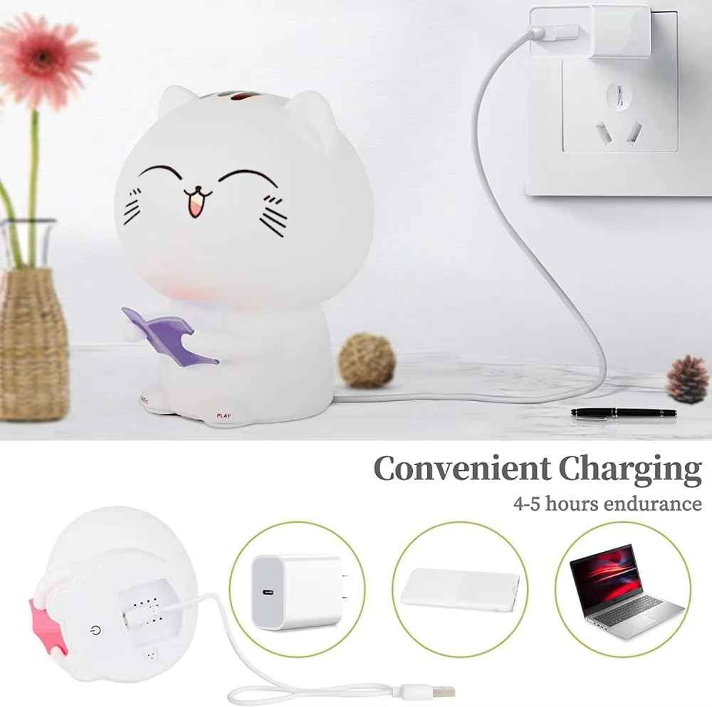 Reading Cat Silicone Night Lamp with cozy LED light—rechargeable, perfect for kids’ bedrooms, nurseries, or as a romantic or Valentine’s gift.