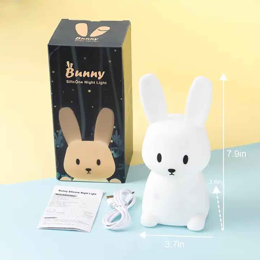 Cute Rabbit Silicone Night Lamp with 7-color LED lighting, tap touch control, and USB recharge—ideal for baby and toddler bedrooms.