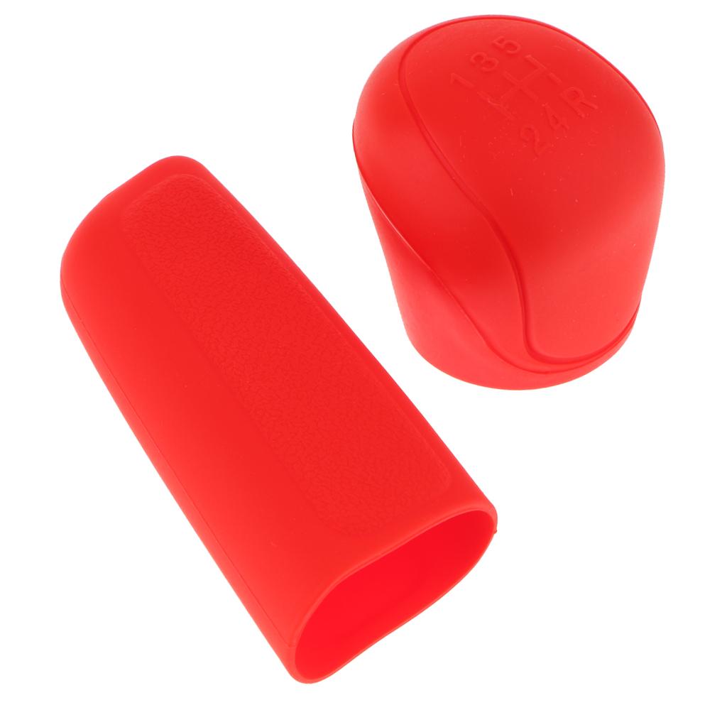 2x2Pcs Car Trunk Gear Head Shift Knob + Handbrake Cover Silicone Sleeve Red