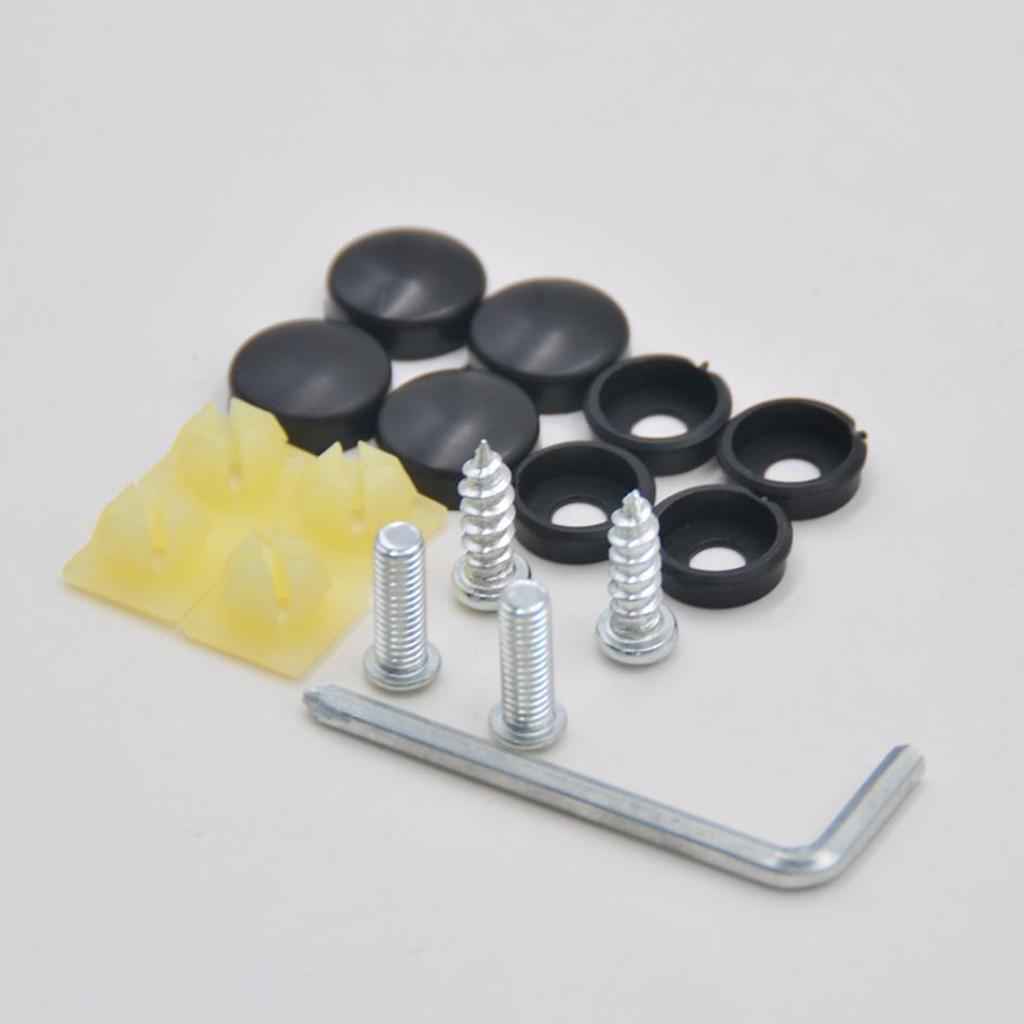 Stainless Steel License Plate Frame Screws Fasteners + Black Screw Caps Assy
