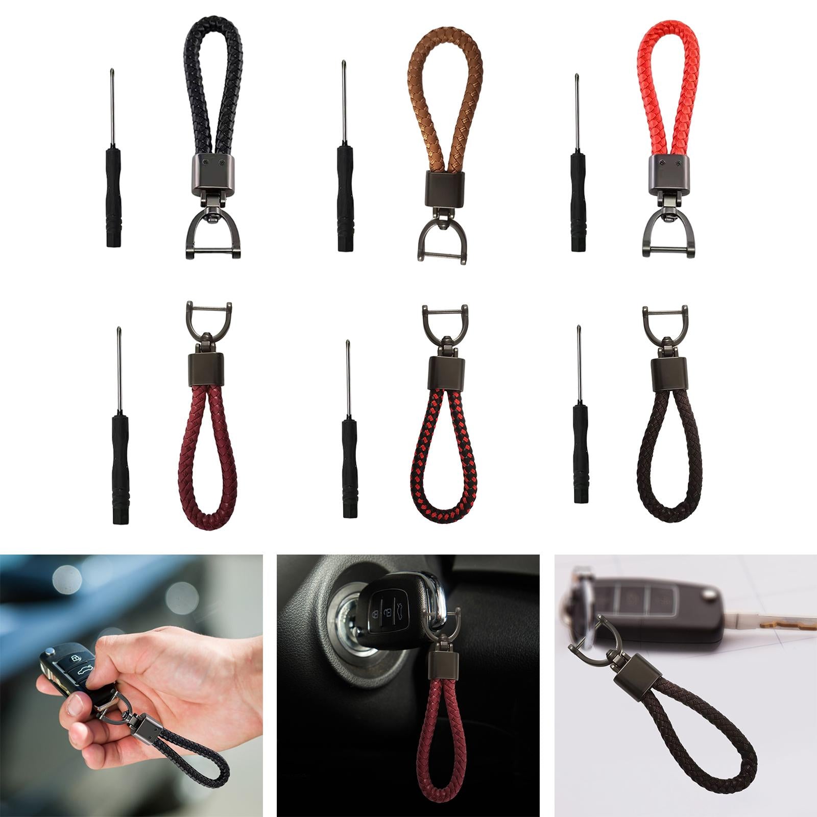 3xCar Keychain D Shape Ring Classic PU Leather Universal for Men Women Black