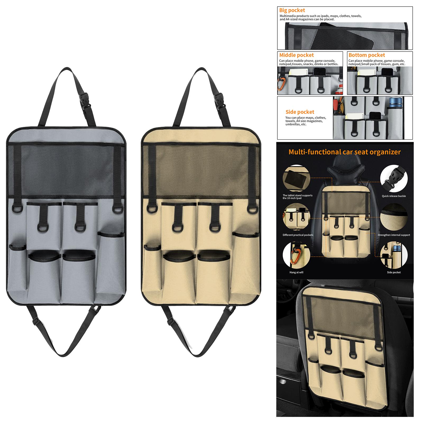 Car Back Seat Organizer Bottle Bag Kick Mat for Snacks Tissue Box Books Khaki