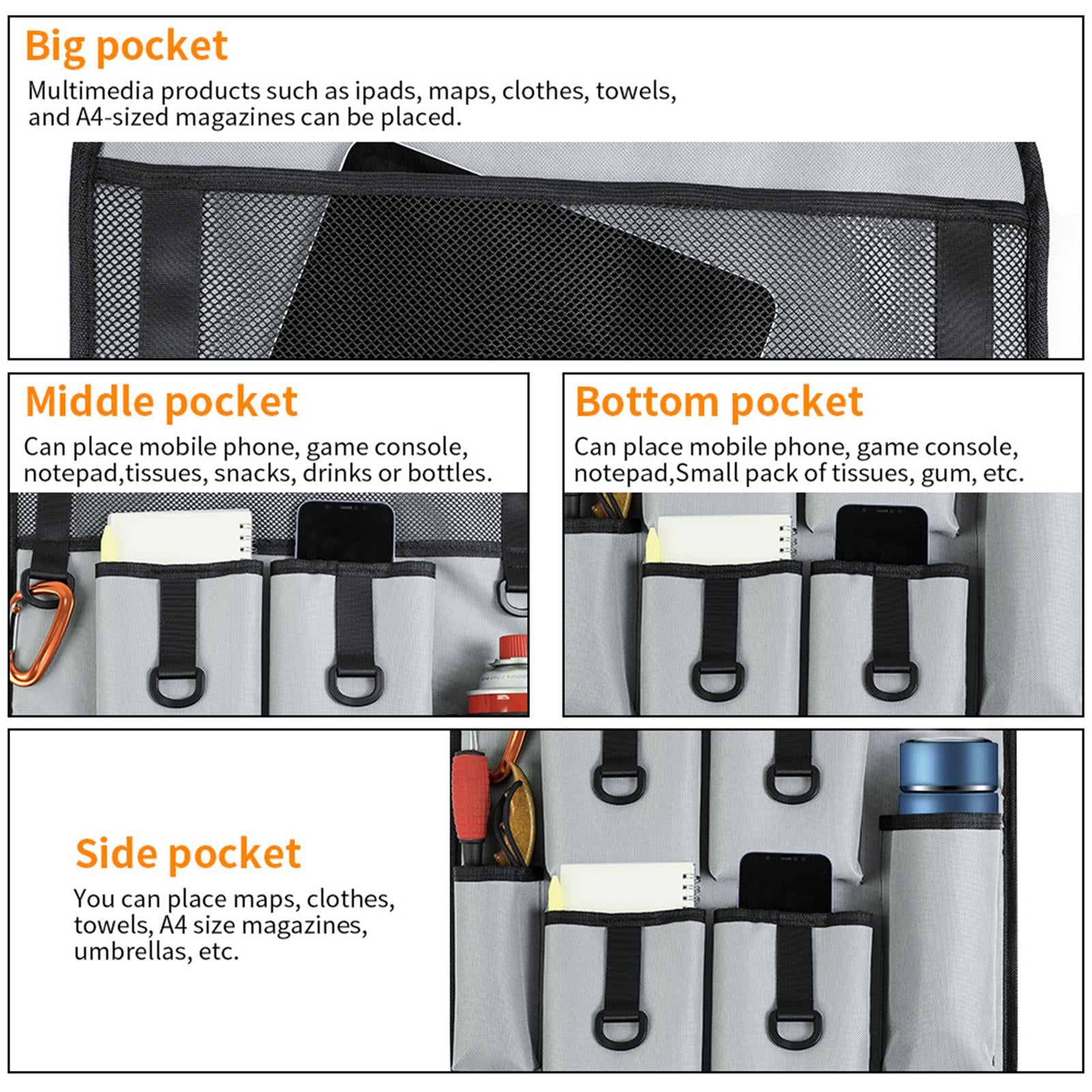 Car Back Seat Organizer Bottle Bag Kick Mat for Snacks Tissue Box Books Gray