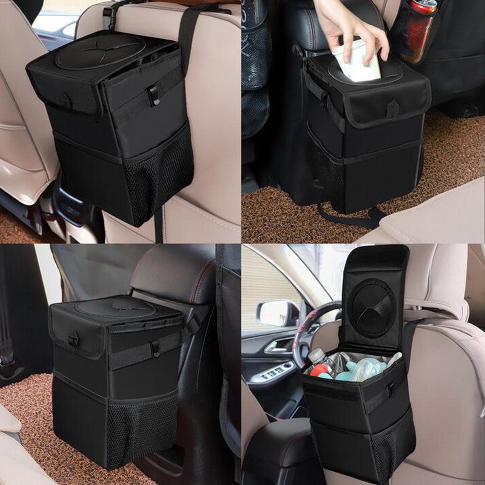 Car Trash Can with Lid Foldable Storage Pocket Scratch Resistant Rubbish Bin