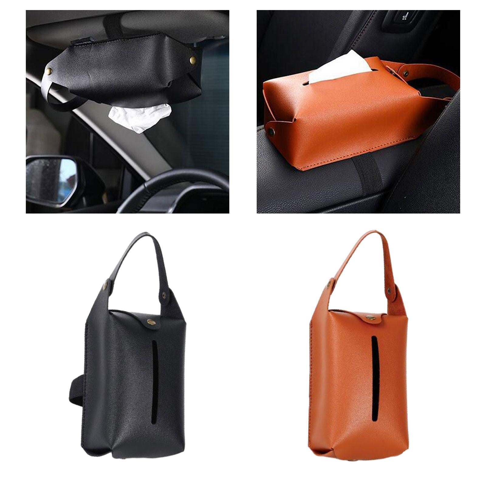 Car Tissue Holder PU Leather Napkin Box Sturdy Fashionable with Elastic Band Black