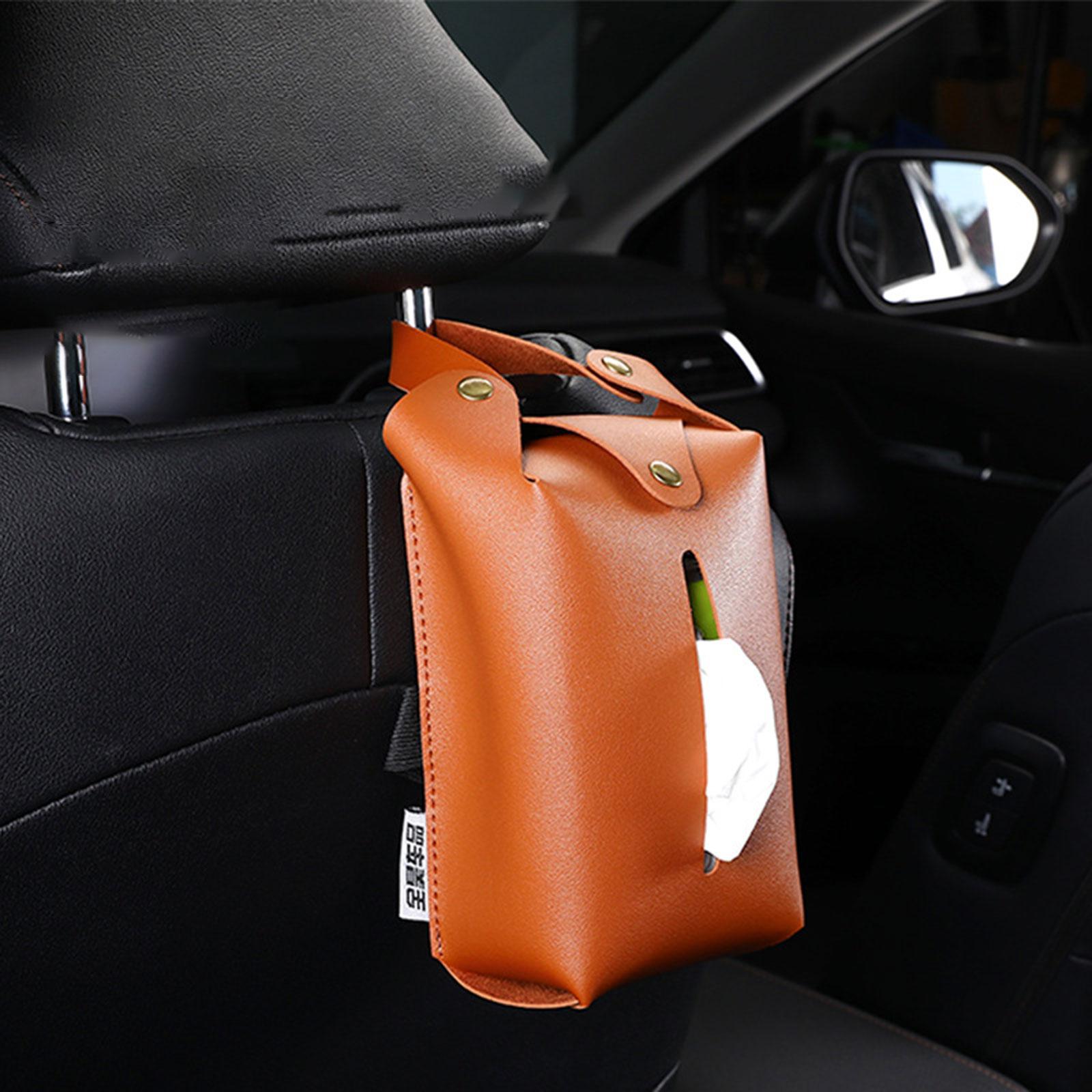 Car Tissue Holder PU Leather Napkin Box Sturdy Fashionable with Elastic Band Light Brown